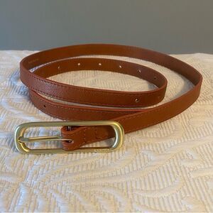 SANCIA Elke Skinny Belt Cognac Leather Slim Gold Buckle Minimalist Size Med